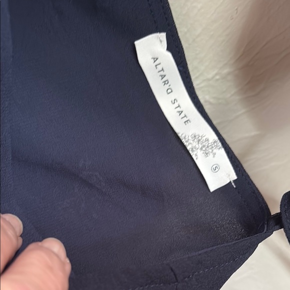 Altar'd State Navy with embroidered flowers 3/4 Sleeve Tie Blouse - Picture 2 of 6